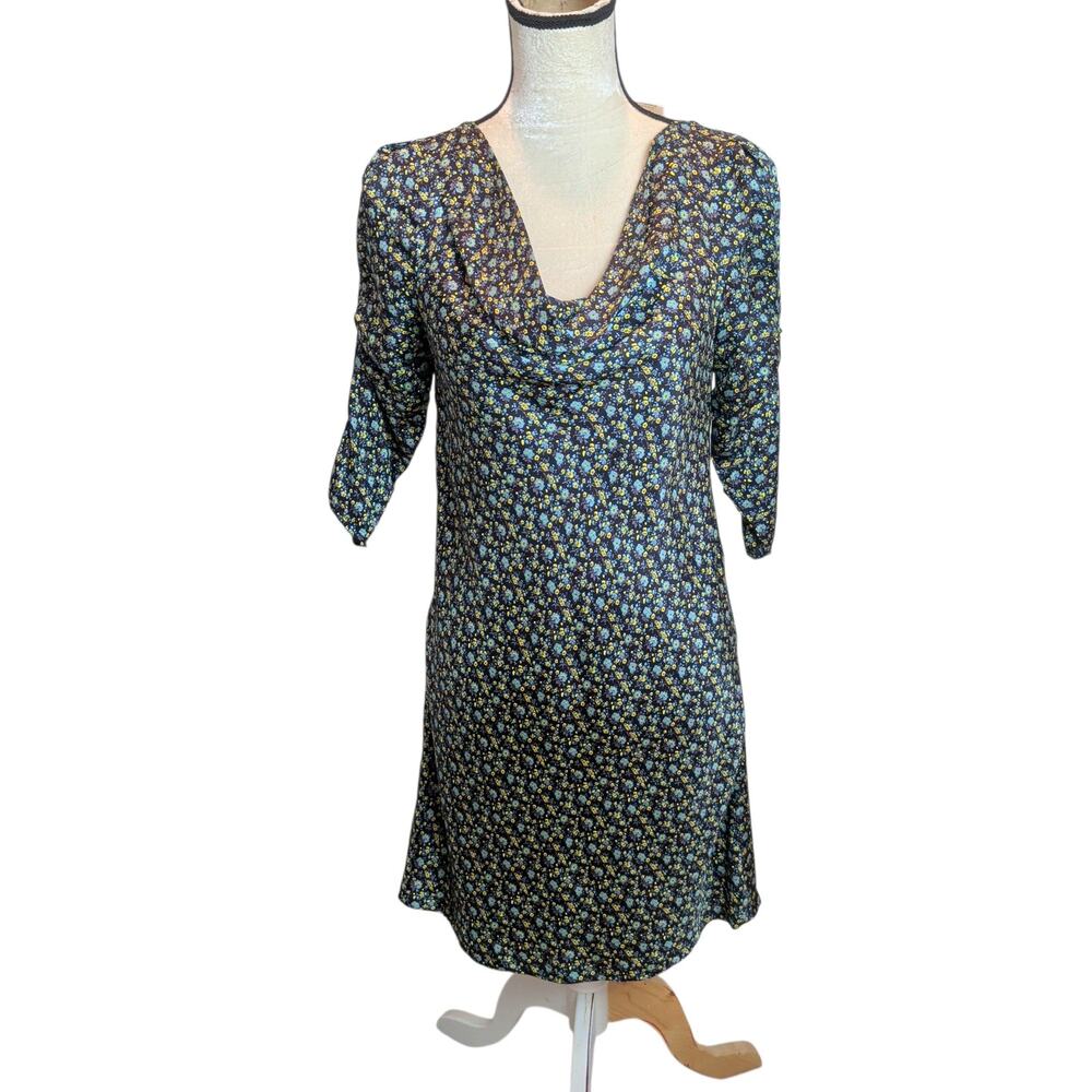 Paul & Joe Sister Sz S Blue Floral 100% Silk Sheath Dress Cowl Neck 1/2 Sleeves